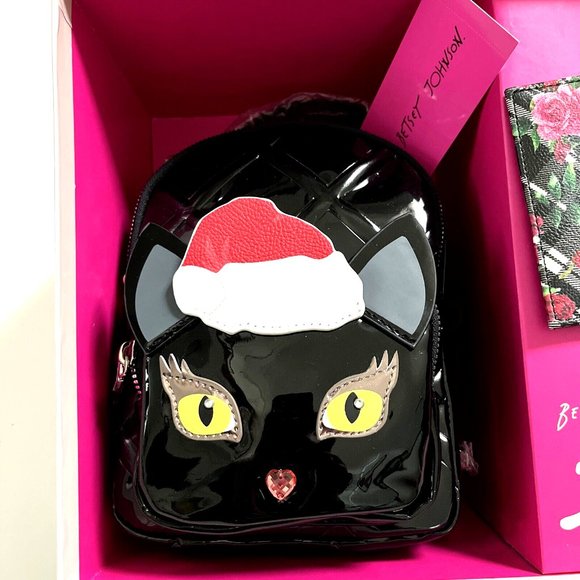 NWT Betsey Johnson 2pc Black Patent Cat Backpack & Floral Card Case Gift Set - Picture 4 of 8